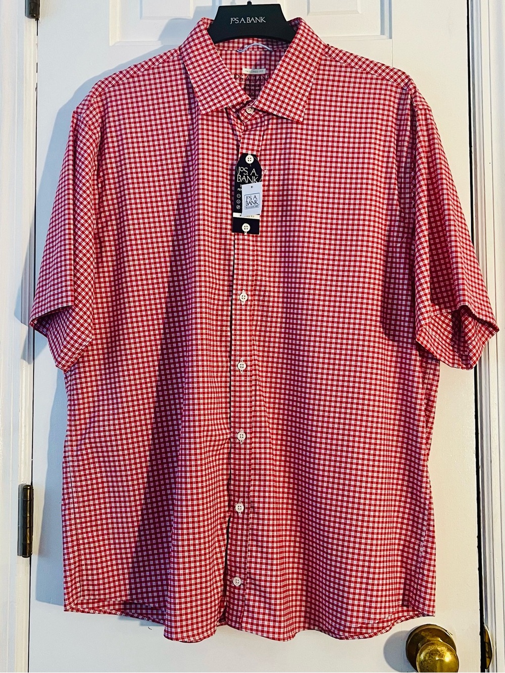 Jos. A. Bank Red and White Gingham Short Sleeve Button-Down Shirt